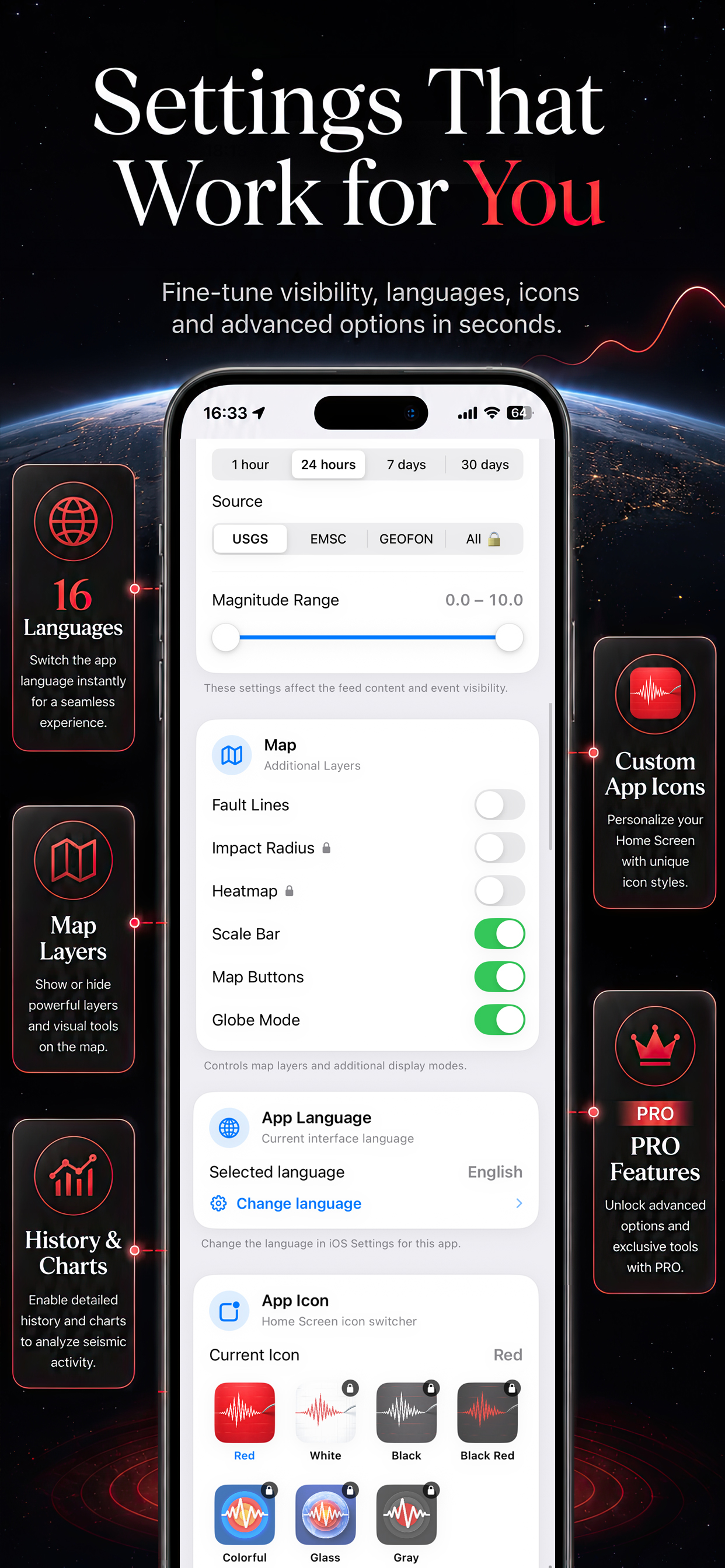 Earthquake HQ languages, map layers, and customization settings